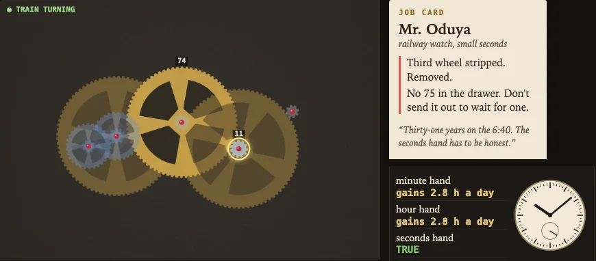 Mr. Oduya's railway watch with a 74 third wheel and an 11 fourth pinion: minute and hour hands gain 2.8 h a day, the seconds hand reads TRUE.